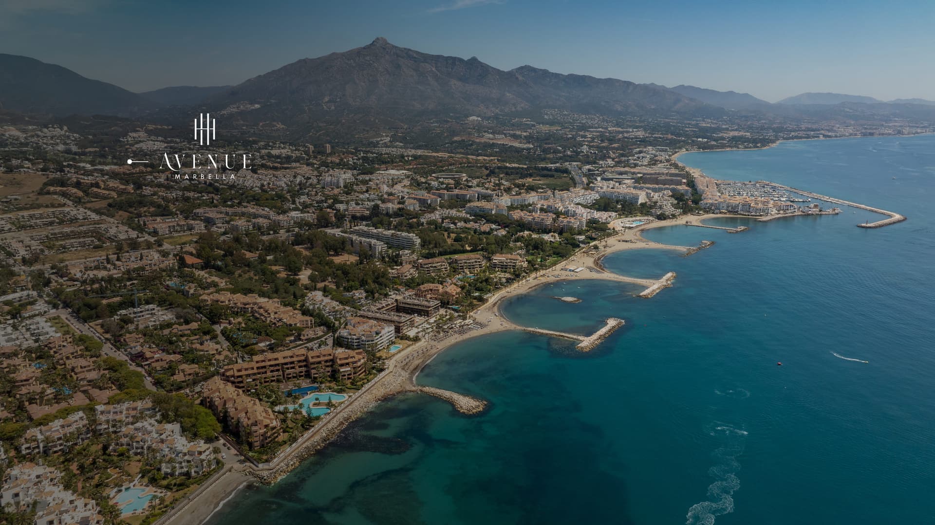 Aerial view of Puerto Banús, its marina and beaches, with La Concha mountain behind