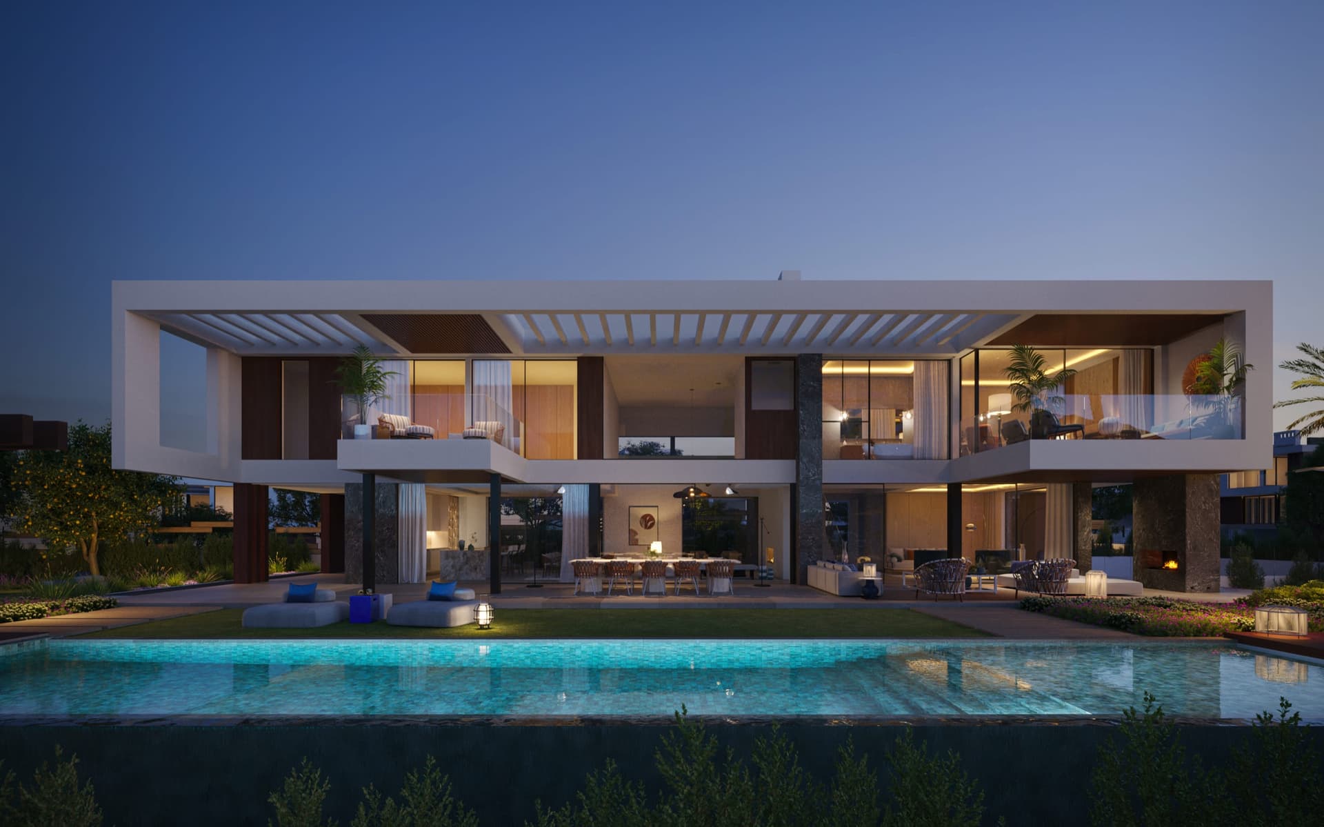 The villa at dusk